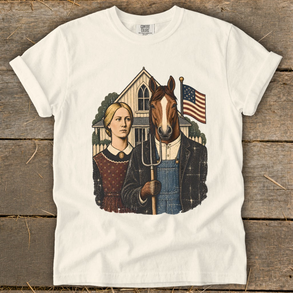 Off-white t-shirt featuring a parody American Gothic graphic with a horse-headed farmer holding a pitchfork.