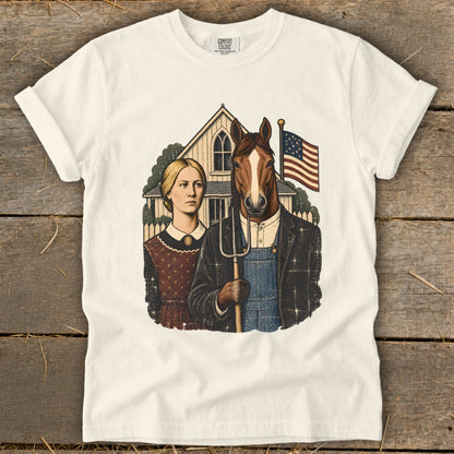 Off-white t-shirt featuring a parody American Gothic graphic with a horse-headed farmer holding a pitchfork.