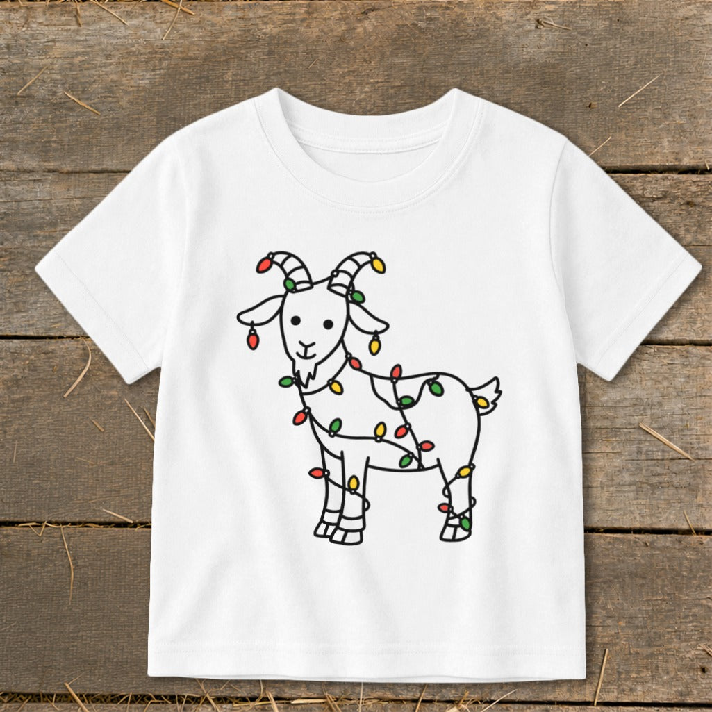 White t-shirt with a goat illustration wrapped in colorful Christmas lights.
