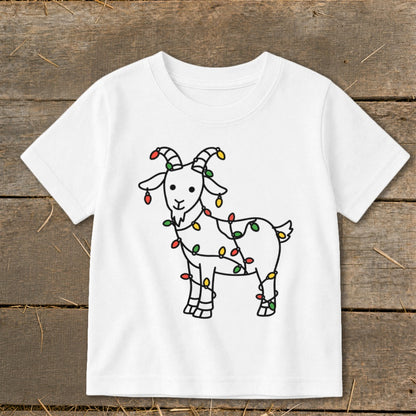 White t-shirt with a goat illustration wrapped in colorful Christmas lights.