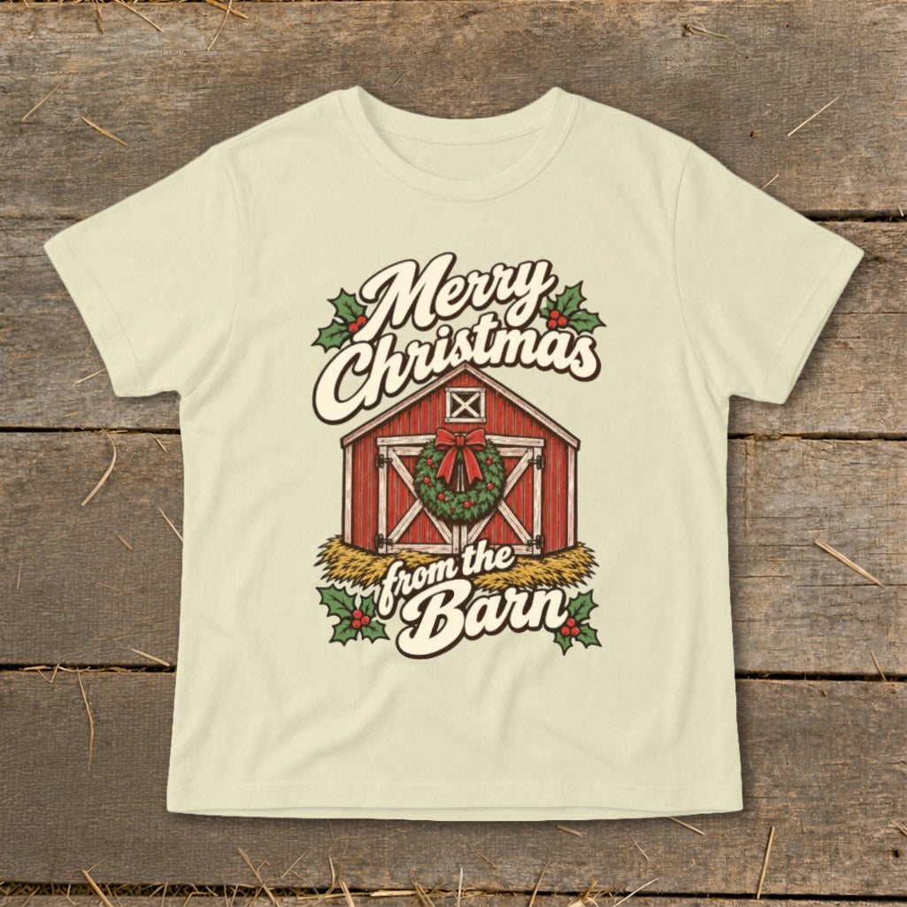 Merry Christmas from the Barn graphic on a cream t-shirt.