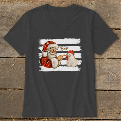 Santa booping a chicken with the word "Boop" on a striped background.