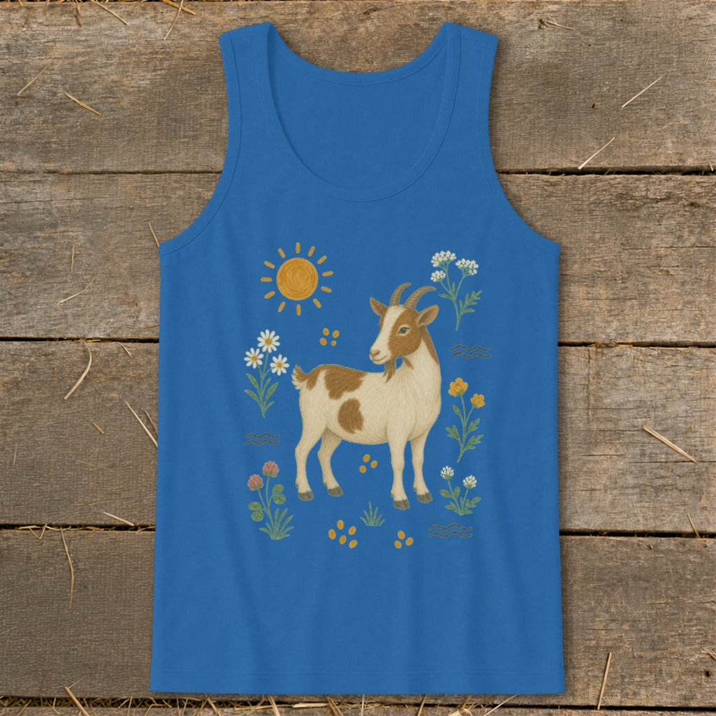 Blue tank top with illustration of a brown and white goat surrounded by flowers and sun.