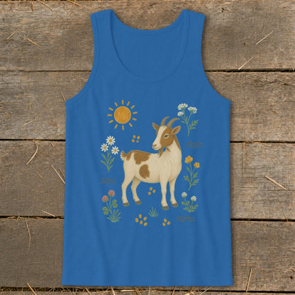 Blue tank top with illustration of a brown and white goat surrounded by flowers and sun.