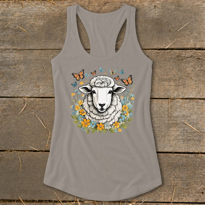 Gray tank top with a sheep surrounded by flowers and butterflies graphic.