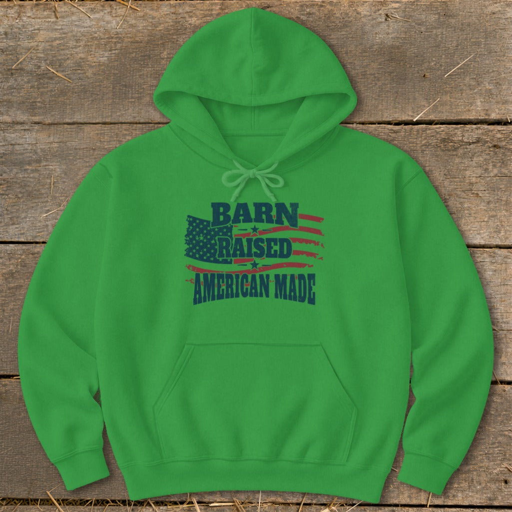 Green hoodie with text "BARN RAISED AMERICAN MADE" over an American flag graphic.