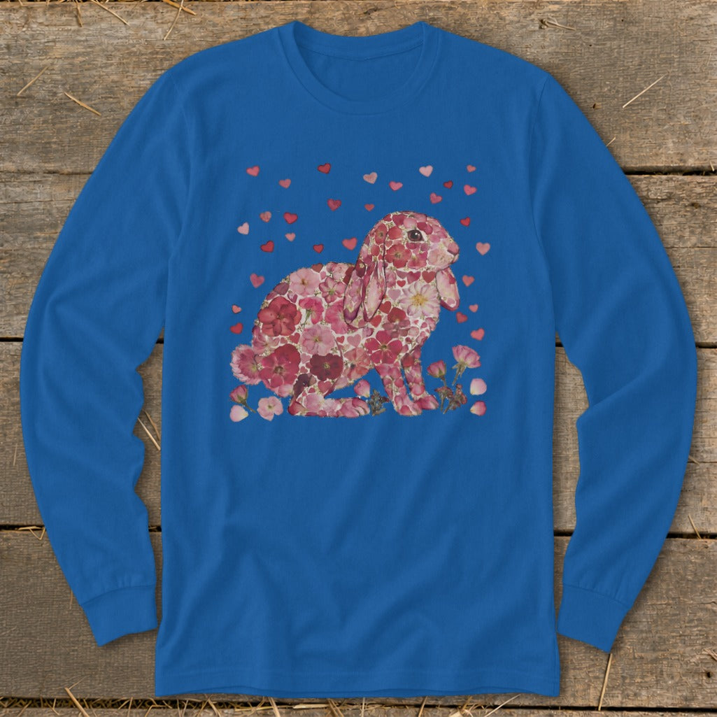 Blue long-sleeve shirt with a bunny made of pink flowers and scattered red hearts.