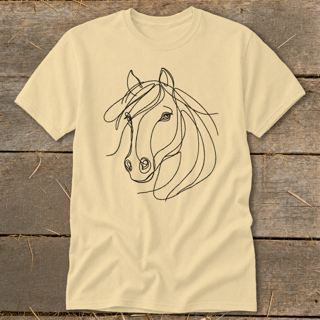 Pale yellow t-shirt with a black line drawing of a horse's head.