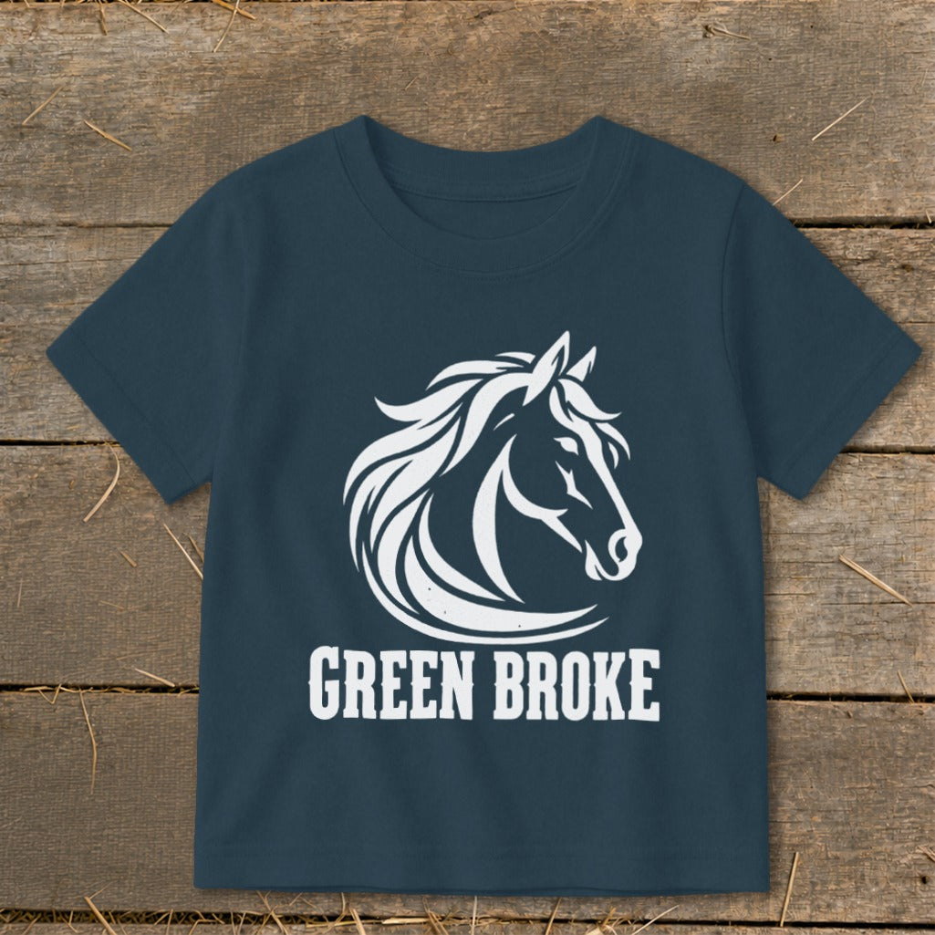 Dark blue short-sleeved children's t-shirt featuring a white horse head and the text "GREEN BROKE".