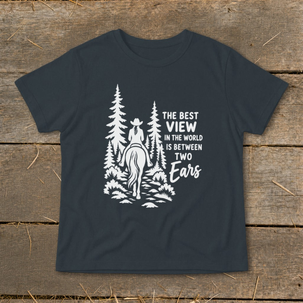 Dark gray short-sleeve t-shirt with a white graphic of a horse rider and the text, The best view in the world is between two ears.