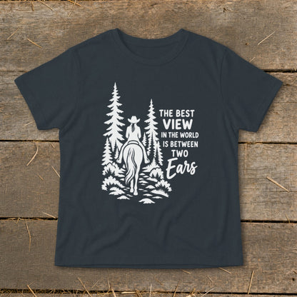 Dark gray short-sleeve t-shirt with a white graphic of a horse rider and the text, The best view in the world is between two ears.