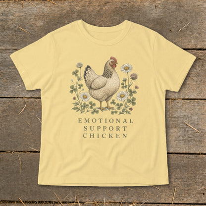 Yellow t-shirt with a vintage chicken illustration and the text "EMOTIONAL SUPPORT CHICKEN".