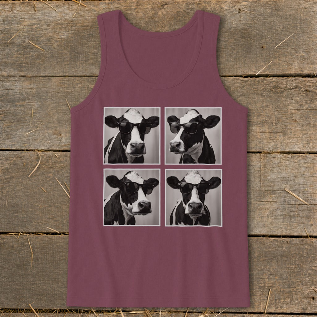 Four black and white cows wearing sunglasses arranged in a grid on a maroon tank top.