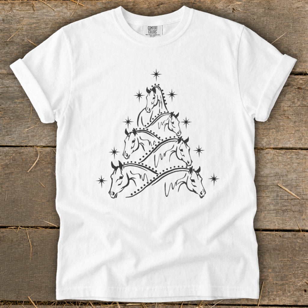 White t-shirt with a stylized Christmas tree formed by horses and stars.