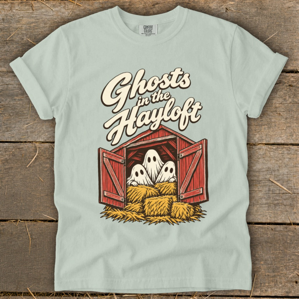 Ghosts in the Hayloft graphic with three ghosts in a red barn on hay bales.