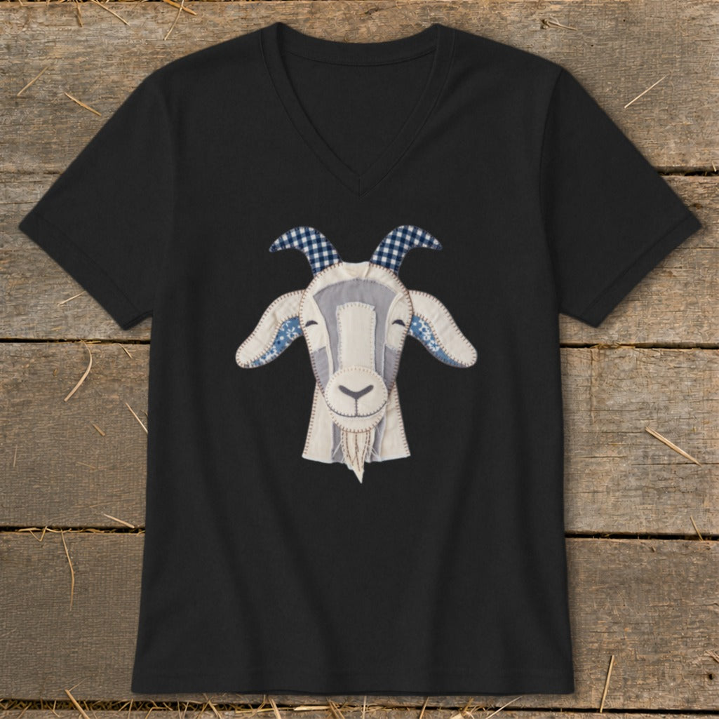 Black v-neck t-shirt with a whimsical goat face applique.