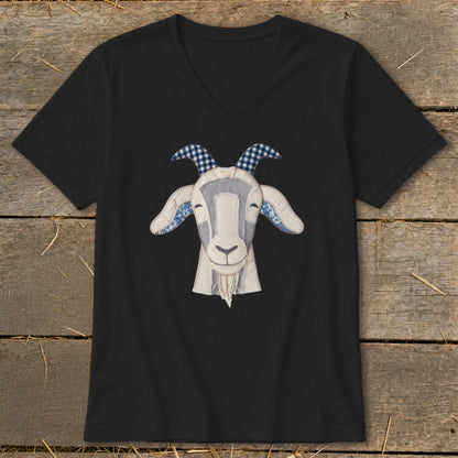 Black v-neck t-shirt with a whimsical goat face applique.