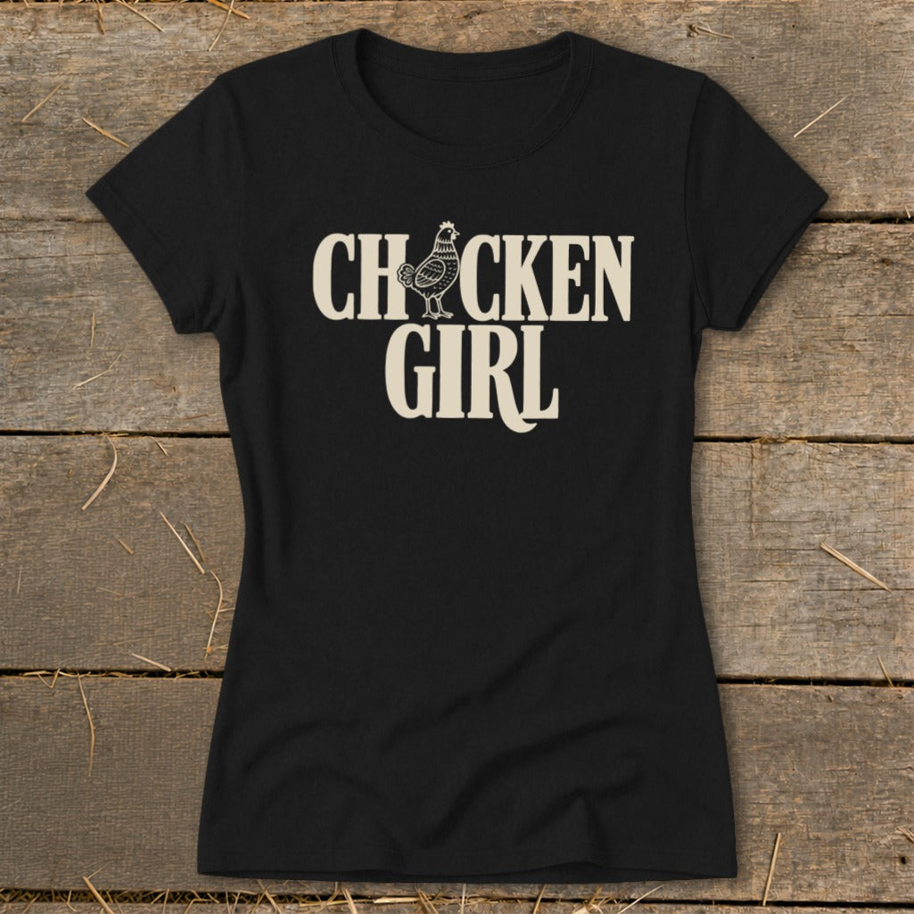Black t-shirt with "CHICKEN GIRL" text and a chicken graphic.