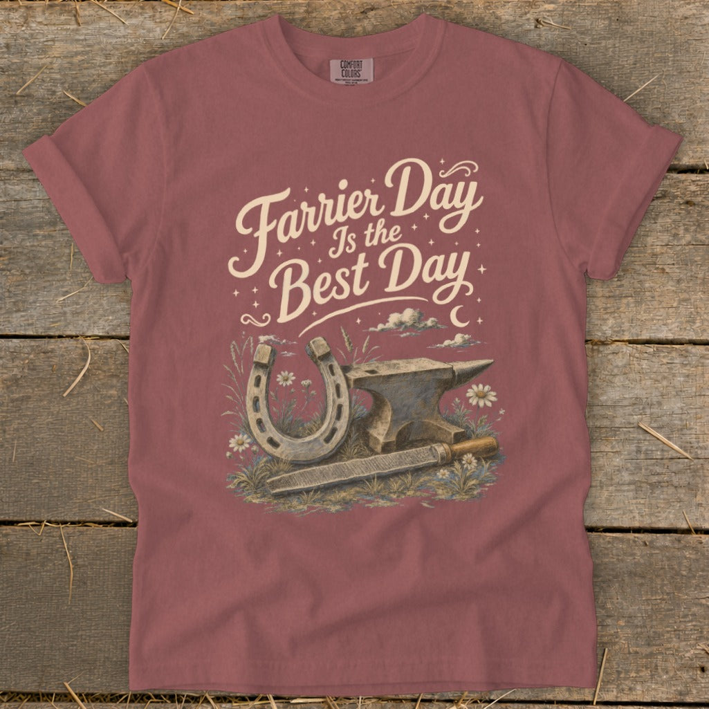 T-shirt with retro graphic of a horseshoe, anvil, and rasp with text "Farrier Day Is the Best Day".