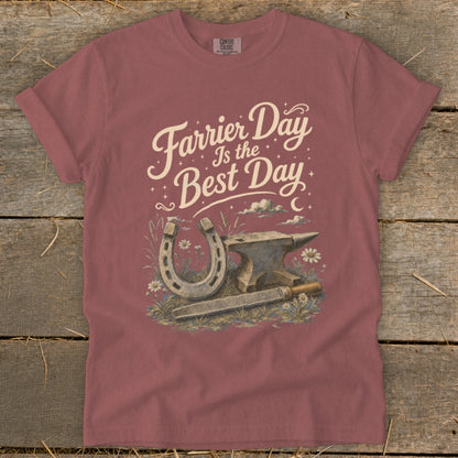 T-shirt with retro graphic of a horseshoe, anvil, and rasp with text "Farrier Day Is the Best Day".