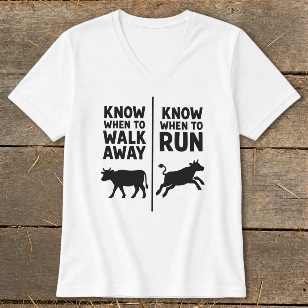 White t-shirt with black text and cow silhouettes: "know when to walk away" and "know when to run."