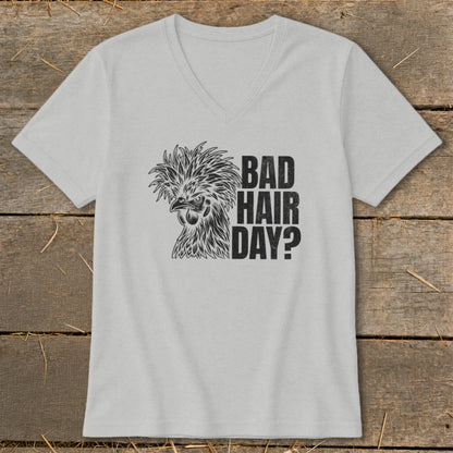 Light grey v-neck t-shirt with a chicken graphic and text "BAD HAIR DAY?".