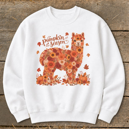 White sweatshirt with floral alpaca and "Pumpkin Season" text.