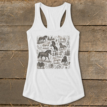 White tank top with a black and white print of various horses and equestrian elements.