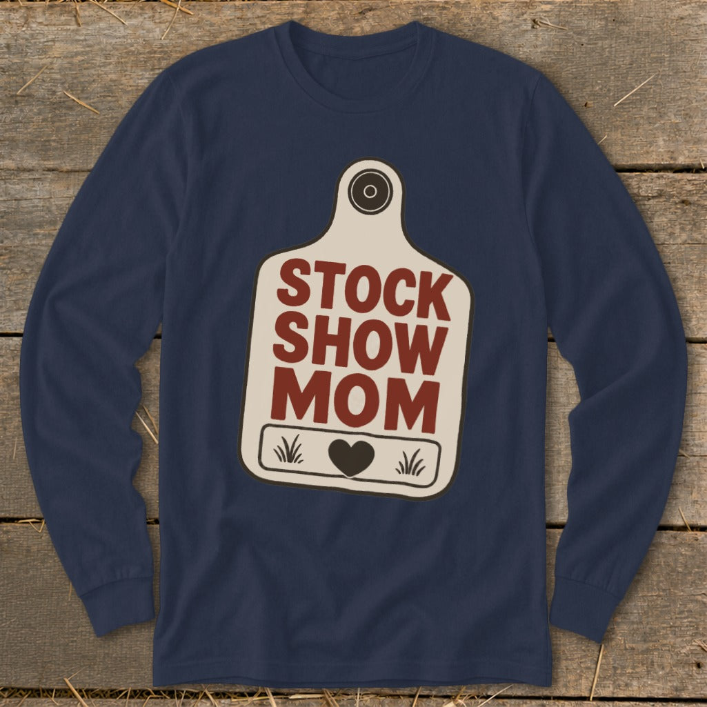 Long sleeve navy shirt with a stock tag graphic reading "STOCK SHOW MOM".