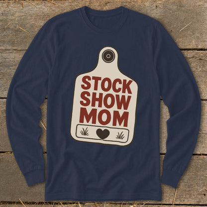 Long sleeve navy shirt with a stock tag graphic reading "STOCK SHOW MOM".