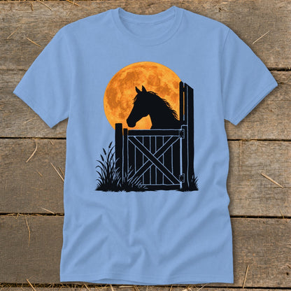 A light blue t-shirt displays a graphic of a horse silhouetted against a large yellow moon.
