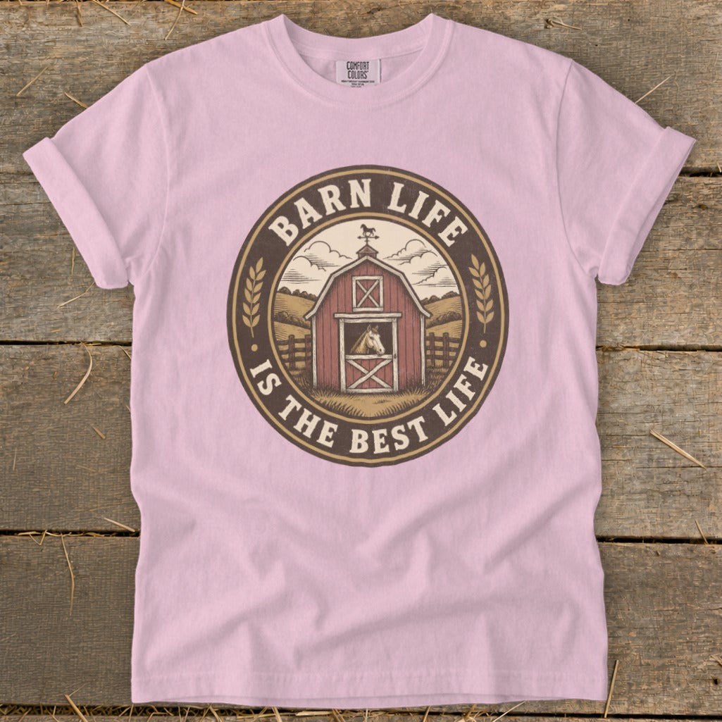 Barn Life Is The Best Life circular graphic with a barn, horse, and countryside scene.