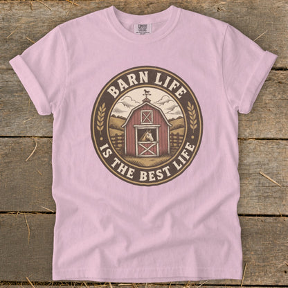 Barn Life Is The Best Life circular graphic with a barn, horse, and countryside scene.