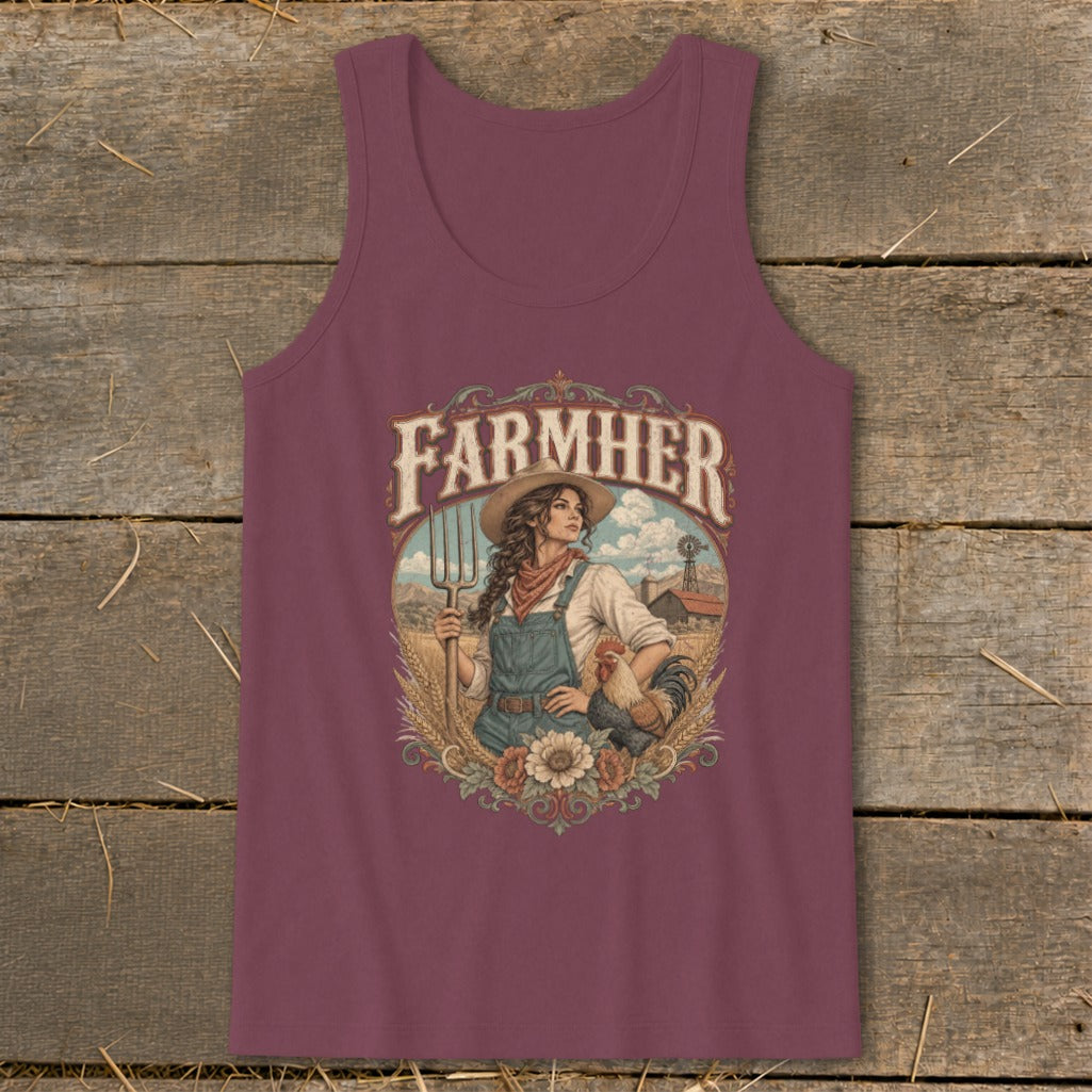 Graphic on maroon tank top featuring a woman, rooster, farm, and "Farmher" text.