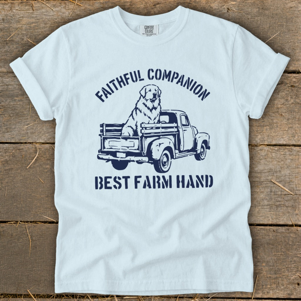 Light blue t-shirt with a graphic of a dog in a truck and the text "FAITHFUL COMPANION BEST FARM HAND".