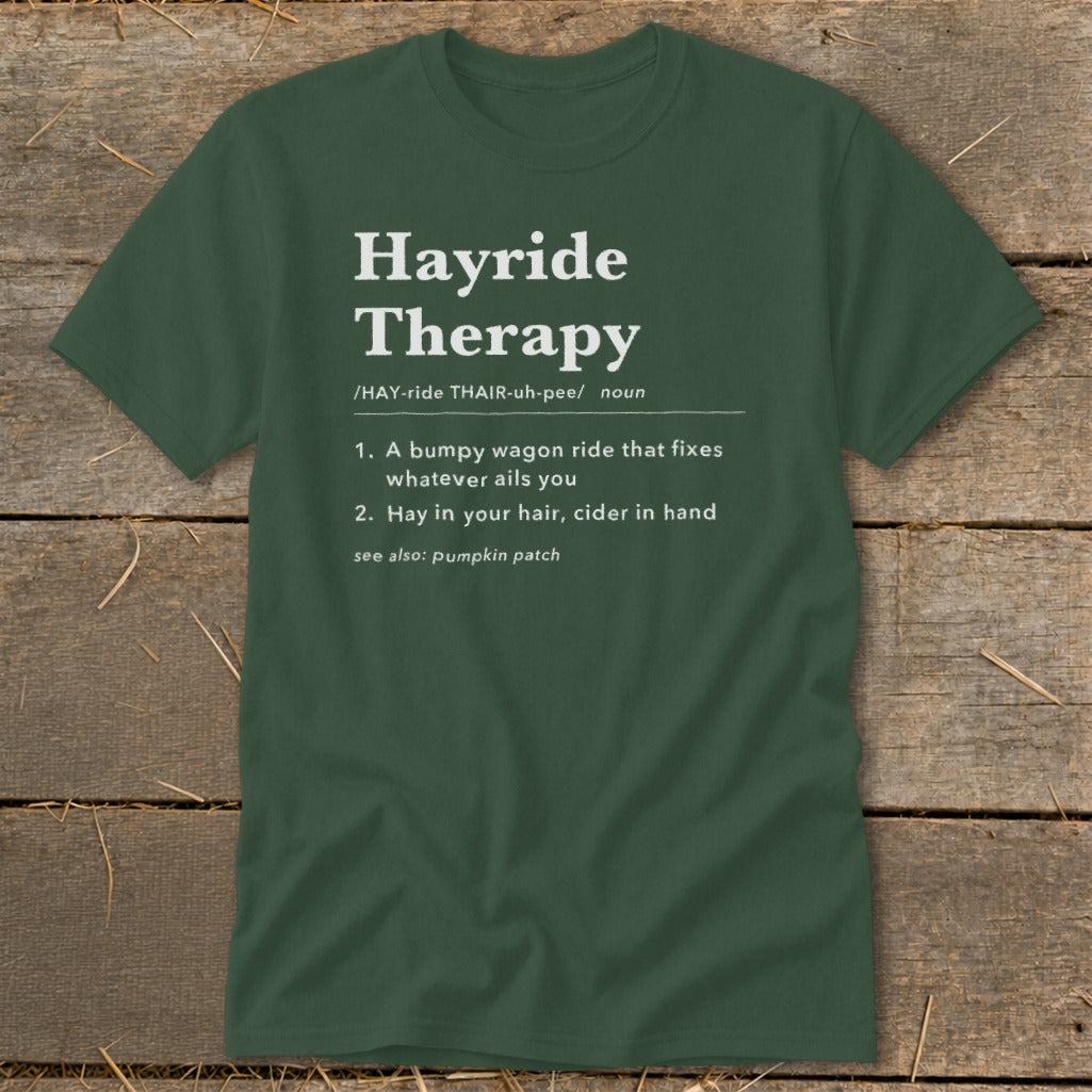 Dark green t-shirt with "Hayride Therapy" definition in white text.