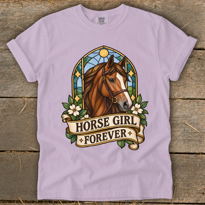 Brown horse head with stained glass background and text "HORSE GIRL FOREVER".