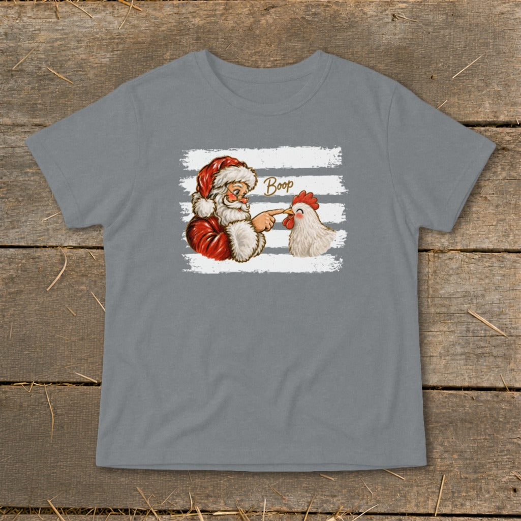 Santa playfully boops a chicken with his finger, with the word "Boop" above.