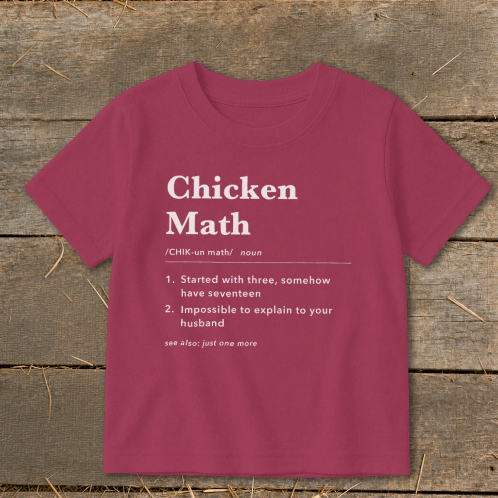 Maroon t-shirt with "Chicken Math" definition and humorous explanation.