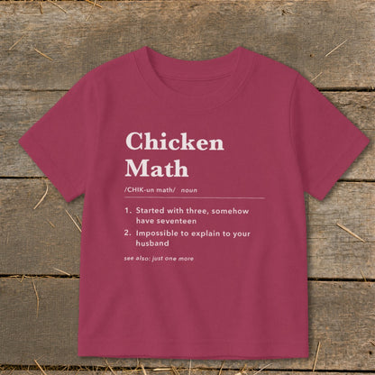 Maroon t-shirt with "Chicken Math" definition and humorous explanation.