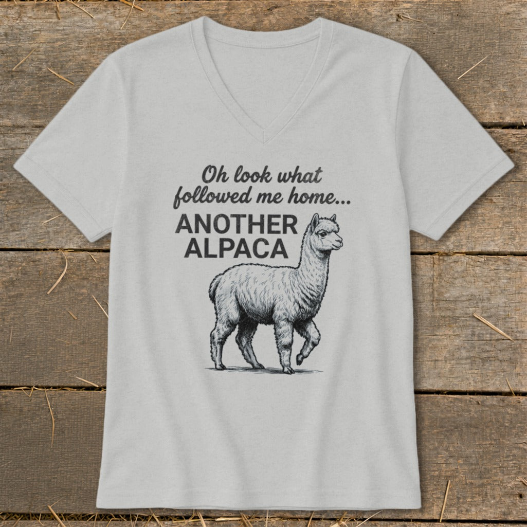 T-shirt with alpaca graphic and text "Oh look what followed me home... ANOTHER ALPACA".