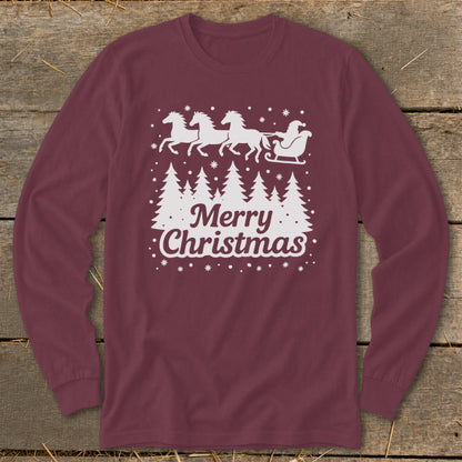 Maroon long-sleeve shirt with white Santa in a sleigh pulled by horses and Merry Christmas text.