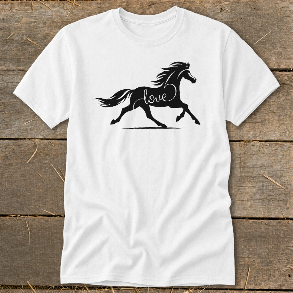 White t-shirt with black silhouette of a horse running, with the word "love" incorporated.