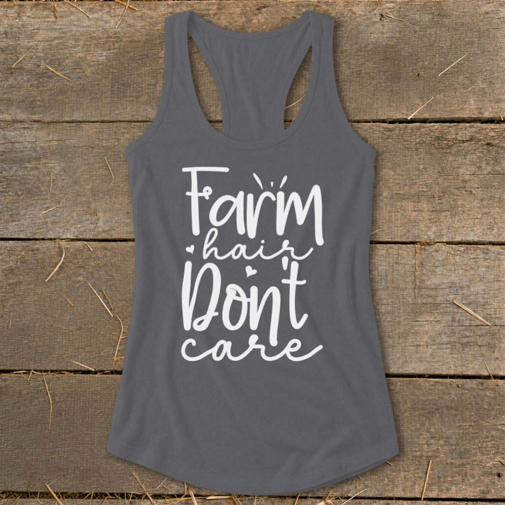 Gray tank top with white text reading "Farm hair Don't care".