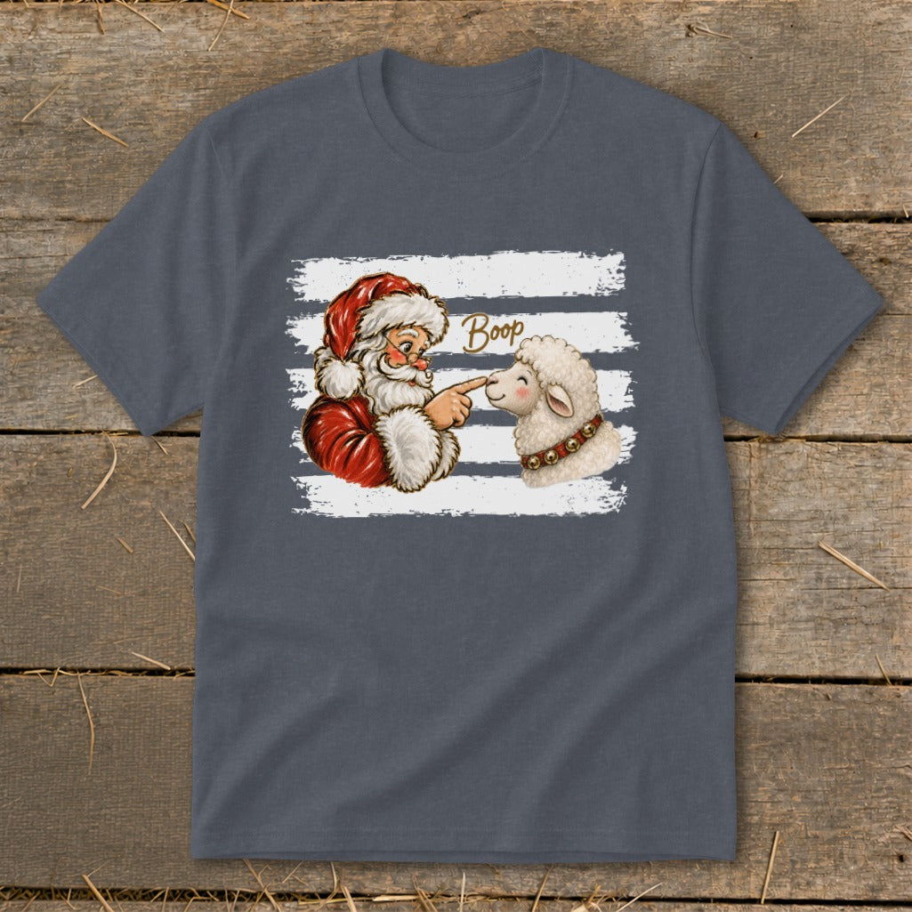 Santa booping a sheep with the word "Boop" above them on a distressed stripe background.