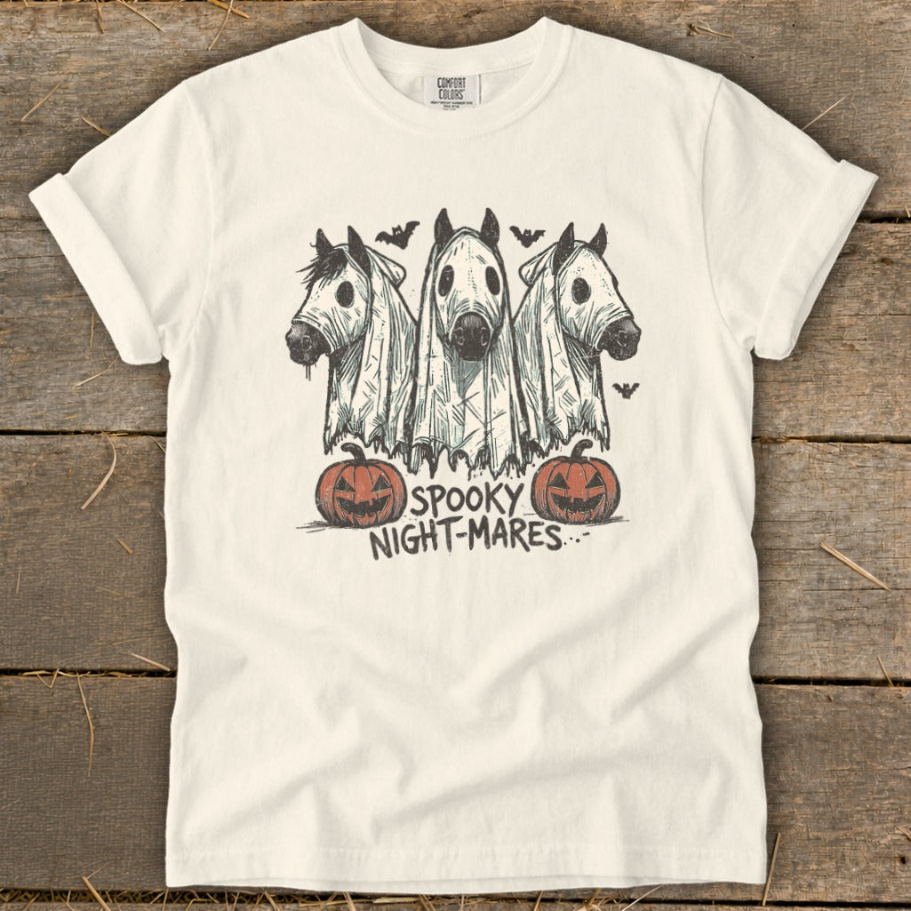 Three horses in ghost costumes with pumpkins and bats, reading "Spooky Night-Mares."