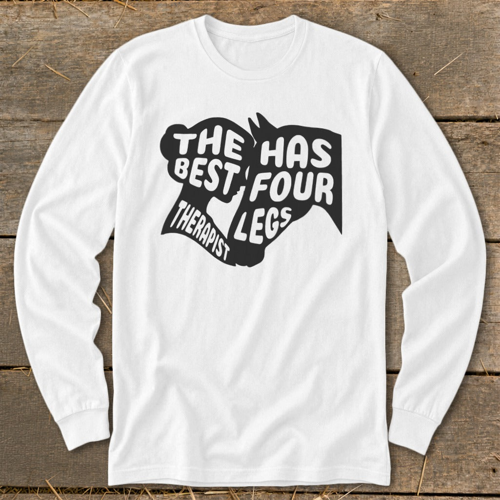 White long sleeve shirt with black text and horse silhouettes: "The best therapist has four legs."