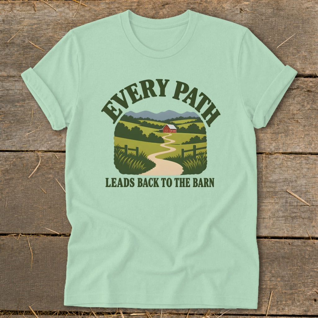 Mint green t-shirt with a graphic of a winding path leading to a barn.