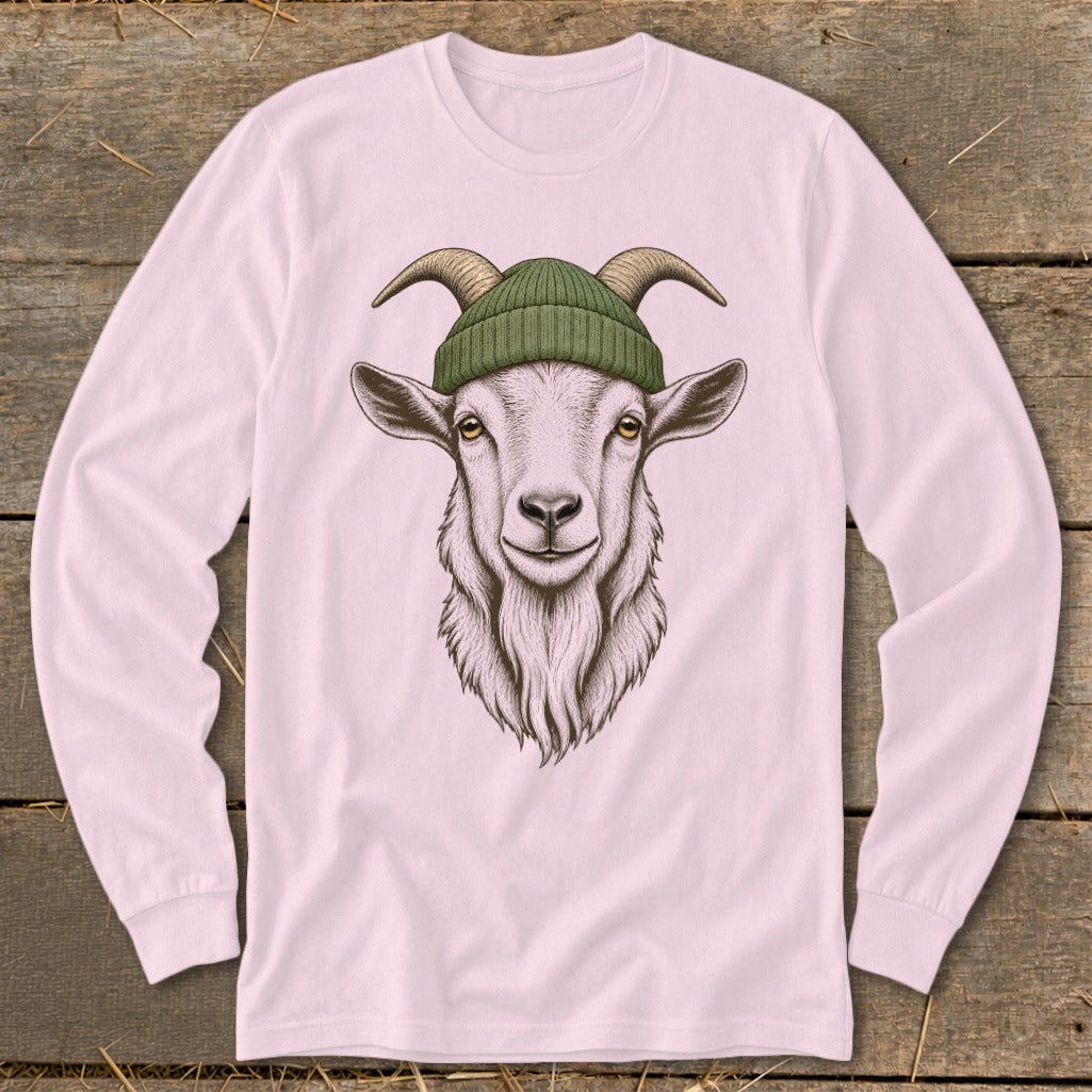 Pink long-sleeved shirt with a drawing of a goat wearing a green beanie.