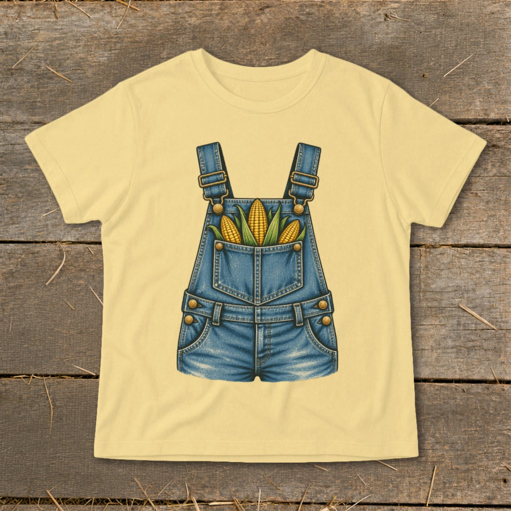 Yellow t-shirt with a denim overalls graphic holding three ears of corn.